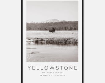 Yellowstone United States Travel Photo Poster BW, Yellowstone Travel Print, Minimalist Travel Poster Print