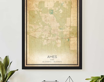 Vintage Ames Iowa Map Print Poster Custom Map Art