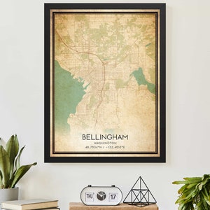 Vintage Bellingham Washington-kaartafdrukposter aangepaste kaartkunst