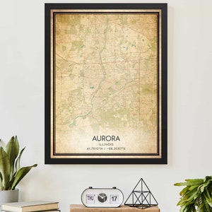 Vintage Aurora Illinois Map Print Poster Custom Map Art