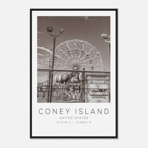 Poster fotografico di viaggio di Coney Island, Stati Uniti, in bianco e nero, stampa di viaggio di Coney Island, stampa di poster di viaggio minimalista