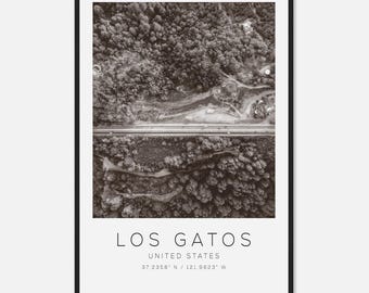 Póster fotográfico de viaje de Los Gatos, Estados Unidos, blanco y negro, impresión de viaje de Los Gatos, impresión de póster de viaje minimalista