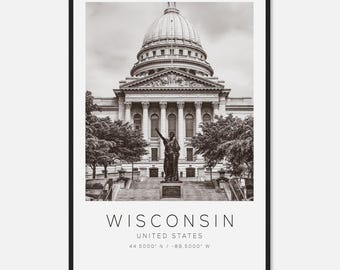 Wisconsin United States Travel Photo Poster BW, Wisconsin Travel Print, Minimalist Travel Poster Print