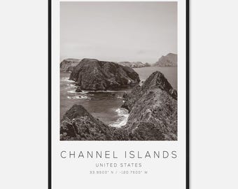 Póster fotográfico de viaje a las Islas del Canal, Estados Unidos, blanco y negro, impresión de viaje a las Islas del Canal, póster de viaje minimalista