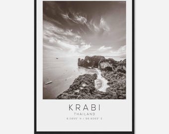 Krabi Thailand Travel Photo Poster BW, Krabi Travel Print, Minimalist Travel Poster Print