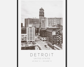 Detroit United States Travel Photo Poster BW, Detroit Travel Print, Minimalist Travel Poster Print