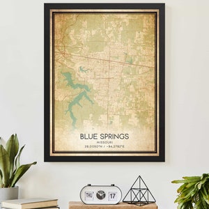 Póster con mapa vintage de Blue Springs, Misuri, arte personalizado