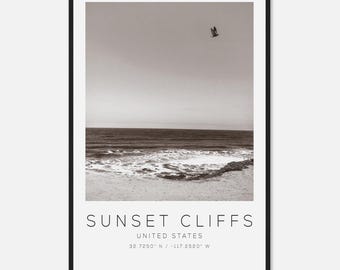 Sunset Cliffs United States Travel Photo Poster BW, Sunset Cliffs Travel Print, Minimalist Travel Poster Print