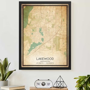Vintage Lakewood Washington-kaartafdrukposter aangepaste kaartkunst