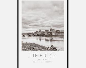 Limerick Ireland Travel Photo Poster BW, Limerick Travel Print, Minimalist Travel Poster Print