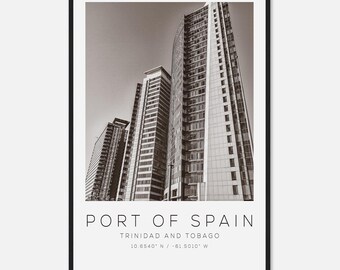 Póster fotográfico de viaje de Puerto España, Trinidad y Tobago, blanco y negro, impresión de viaje de Puerto España, impresión de póster de viaje minimalista