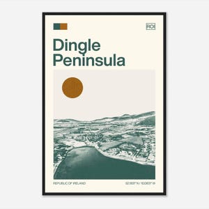 May include: A minimalist poster with a green and white color scheme featuring an aerial view of Dingle Peninsula, Ireland. The poster includes the text "Dingle Peninsula", "Republic of Ireland", "ROI", and "52.1931° N / 10.0831° W".