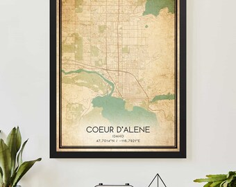 Vintage Coeur d'Alene Idaho Map Print Poster Custom Map Art