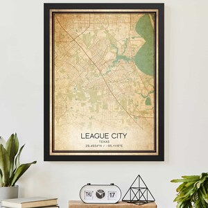 Vintage League City Texas Map Print Poster Custom Map Art