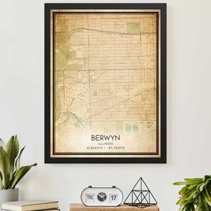 Poster con mappa vintage di Berwyn, Illinois, stampa mappa personalizzata