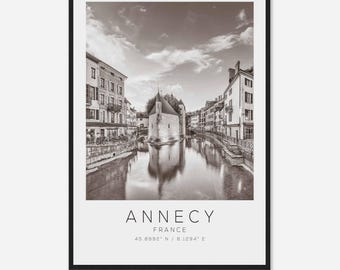 Poster fotografico di viaggio di Annecy, Francia, BW, stampa di viaggio di Annecy, stampa di poster di viaggio minimalista