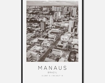 Póster fotográfico de viaje a Manaos, Brasil, blanco y negro, impresión de viaje a Manaos, póster de viaje minimalista.