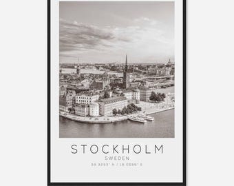 Cartaz fotográfico de viagem de Estocolmo, Suécia, Pôster preto e branco, Impressão de viagem de Estocolmo, Impressão de pôster de viagem minimalista