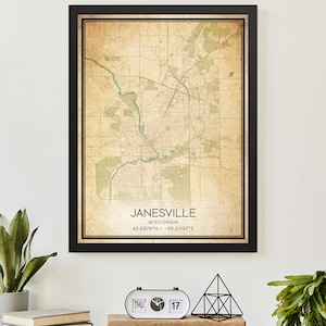 Vintage Janesville Wisconsin Map Print Poster Custom Map Art