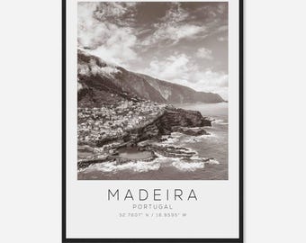 Poster fotografico di viaggio Madeira Portogallo BW, stampa di viaggio Madeira, stampa di poster di viaggio minimalista DS2