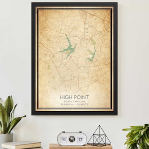 Vintage High Point North Carolina Map Print Poster Custom Map Art