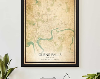 Vintage Glens Falls New York Map Print Poster Custom Map Art