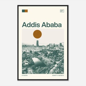 Puede incluir: Una fotografía aérea en blanco y negro de Addis Abeba, Etiopía, con una superposición verde. La ciudad se muestra con un gran círculo naranja en el cielo sobre ella. El texto "Addis Ababa" está en una fuente verde en la parte superior de la imagen. El texto "ETHIOPIA" está en una fuente verde más pequeña en la parte inferior izquierda de la imagen. El texto "9.0192° N / 38.7582° E" está en una fuente verde más pequeña en la parte inferior derecha de la imagen.