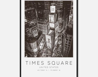 Póster fotográfico de viaje de Times Square, Estados Unidos, blanco y negro, impresión de viaje de Times Square, impresión de póster de viaje minimalista