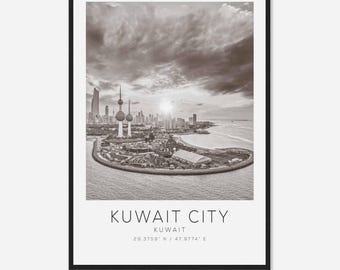 May include: A black and white photograph of Kuwait City, Kuwait. The photo shows the city skyline with the iconic Kuwait Towers in the foreground. The city is situated on the coast of the Persian Gulf. The text "KUWAIT CITY" and "KUWAIT" is displayed below the image, along with the coordinates "29.3759° N / 47.9774° E".