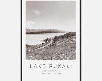 Lake Pukaki New Zealand Travel Photo Poster BW, Lake Pukaki Travel Print, Minimalist Travel Poster Print