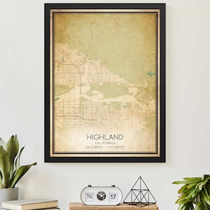Vintage Highland California Map Print Poster Custom Map Art