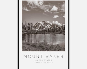 Mount Baker United States Travel Photo Poster BW, Mount Baker Travel Print, Minimalist Travel Poster Print