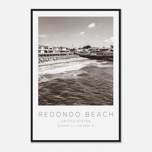 レドンドビーチ米国旅行写真ポスター白黒、レドンドビーチ旅行プリント、ミニマリスト旅行ポスタープリント