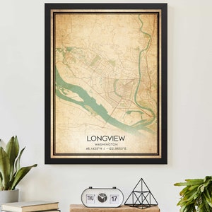 Vintage Longview Washington kaart print poster aangepaste kaartkunst