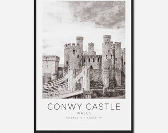 Pôster fotográfico de viagem do Castelo de Conwy, País de Gales, Pôster fotográfico de viagem em preto e branco, Impressão de viagem do Castelo de Conwy, Impressão de pôster de viagem minimalista