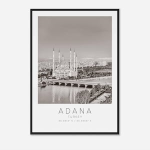 Póster fotográfico de viaje a Adana, Turquía, blanco y negro, impresión de viaje a Adana, póster de viaje minimalista