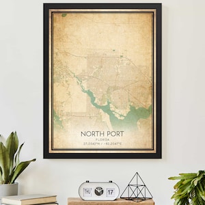 Vintage North Port Florida kaart afdrukken Poster aangepaste kaart kunst