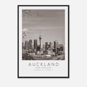 Poster photo de voyage Auckland en Nouvelle-Zélande noir et blanc, impression de voyage à Auckland, impression d&#39;affiche de voyage minimaliste