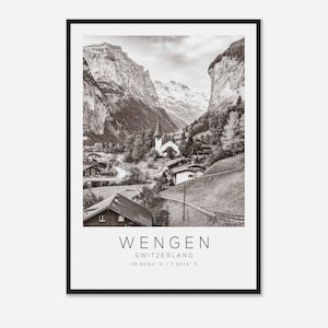 Wengen Switzerland Travel Photo Poster BW, Wengen Travel Print, Minimalist Travel Poster Print DS2