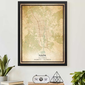 Affiche vintage imprimée de carte de Napa en Californie, carte personnalisée artistique