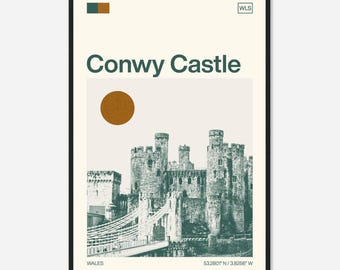 Pôster fotográfico minimalista monocromático de viagem do Castelo de Conwy, País de Gales