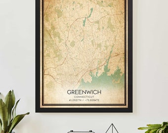 Vintage Greenwich Connecticut Map Print Poster Custom Map Art