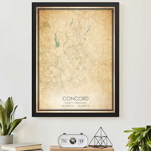 Vintage Concord North Carolina Map Print Poster Custom Map Art