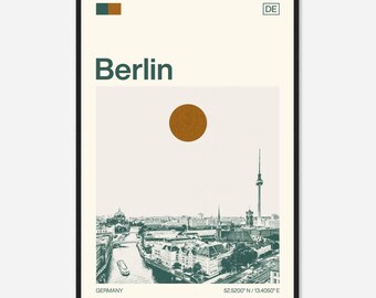 May include: A minimalist poster with a green and brown color scheme featuring a cityscape of Berlin, Germany. The poster includes the city name "Berlin", the country "Germany", the coordinates "52.5200° N / 13.4050° E", and the abbreviation "DE".