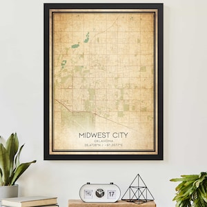 Vintage Midwest City Oklahoma Map Print Poster Custom Map Art