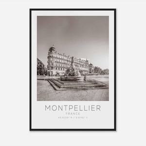 Affiche photo de voyage MONTPELLIER France BW, impression de voyage MONTPELLIER, impression d'affiche de voyage minimaliste