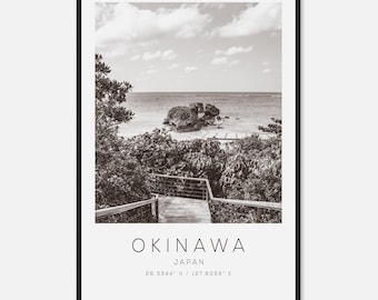 沖縄日本旅行写真ポスター白黒、沖縄旅行プリント、ミニマリスト旅行