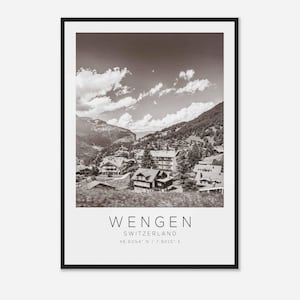 Wengen Switzerland Travel Photo Poster BW, Wengen Travel Print, Minimalist Travel Poster Print