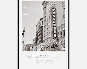 Poster fotografico di viaggio di Knoxville, Stati Uniti, in bianco e nero, stampa di viaggio di Knoxville, stampa di poster di viaggio minimalista