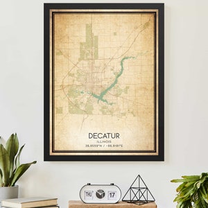 Poster con mappa vintage di Decatur, Illinois, stampa mappa personalizzata